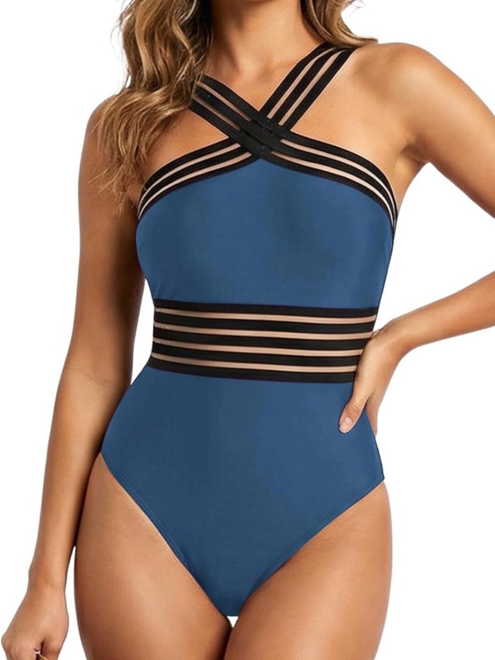 NWOT Aquamarine One-Piece Swimsuit with Black Strappy Waist and Shoulder Detail
